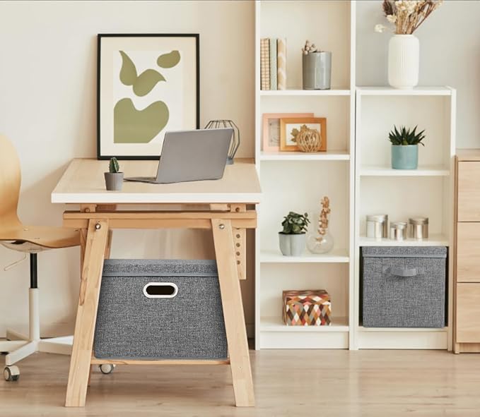 Voova Large Collapsible Storage Bins with Lids, 3 Pack Stackable Line Fabric Cube Storage Organizer, Foldable Closet Storage Boxes Baskets Containers with Cover for Clothes Bedroom Office Home, Grey