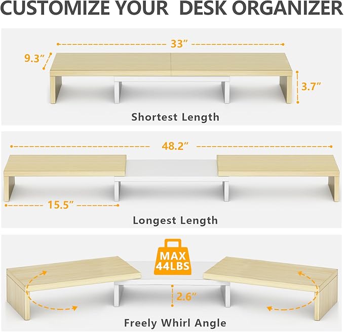 TAVR Dual Monitor Stand Riser, Computer Monitor Stands for 2 Monitors, Extra Long Multifunctional Desktop Organizer Riser for Computer, Laptop, PC, Printer, TV, Max 48.2" Length, Oak