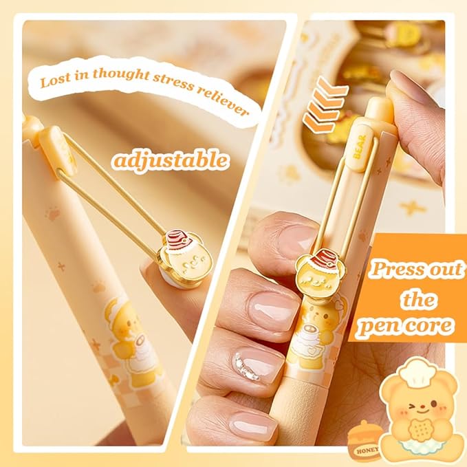 Cute Gel Pens 5Pcs Retractable Quick Dry Ink Pens 0.5mm Fine Point Black Ink Kawaii Smooth Writing Pens for School Office Supplies Aesthetic pretty pens (Honey Bear)