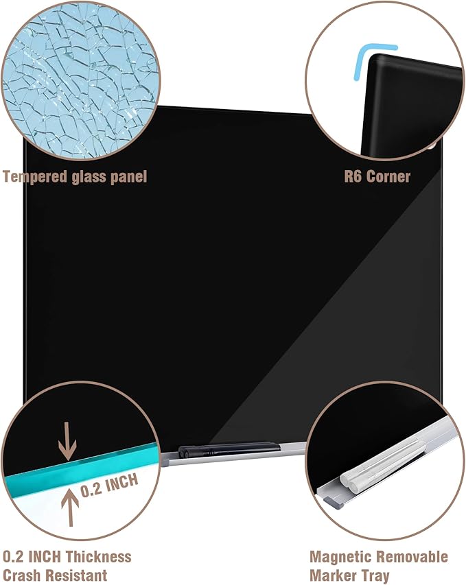 Magnetic Glass Whiteboard，72"x48" Wall Mounted Frameless Dry Erase Board for Office, Home & School Black