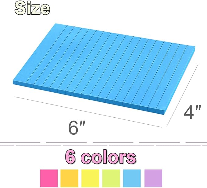 (6 Pack) Lined Sticky Notes 4x6 in Ruled Stickies Super Sticking Power Memo Pads Bright Colors