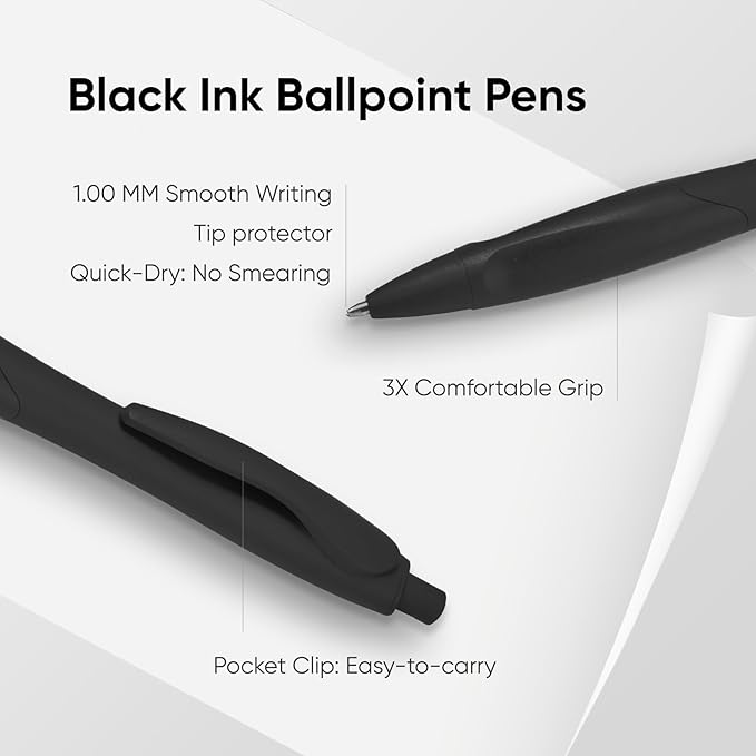 BallPoint Pens, 30 Pack (BLACK Ink),Bulk Pens, Black Barrel,Click Pens for Office Home and School, Retractable Ballpoint Pens, Medium Point, 1.00MM (Black)