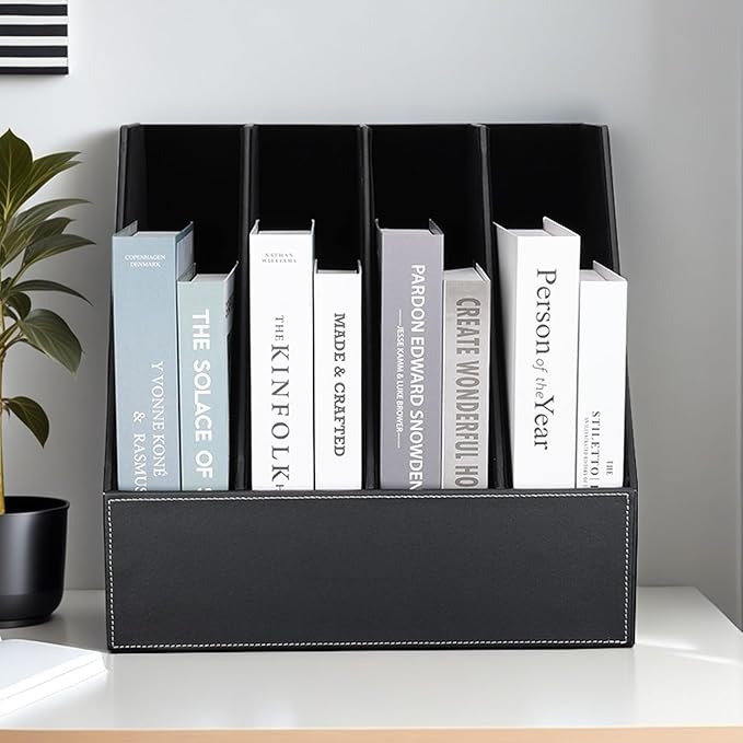 KINGFOM 4-Slot Wood Leather Document Files Holder Rack Stand Desk Files Organizer Papers Collection Cabinet (4 slot Black)
