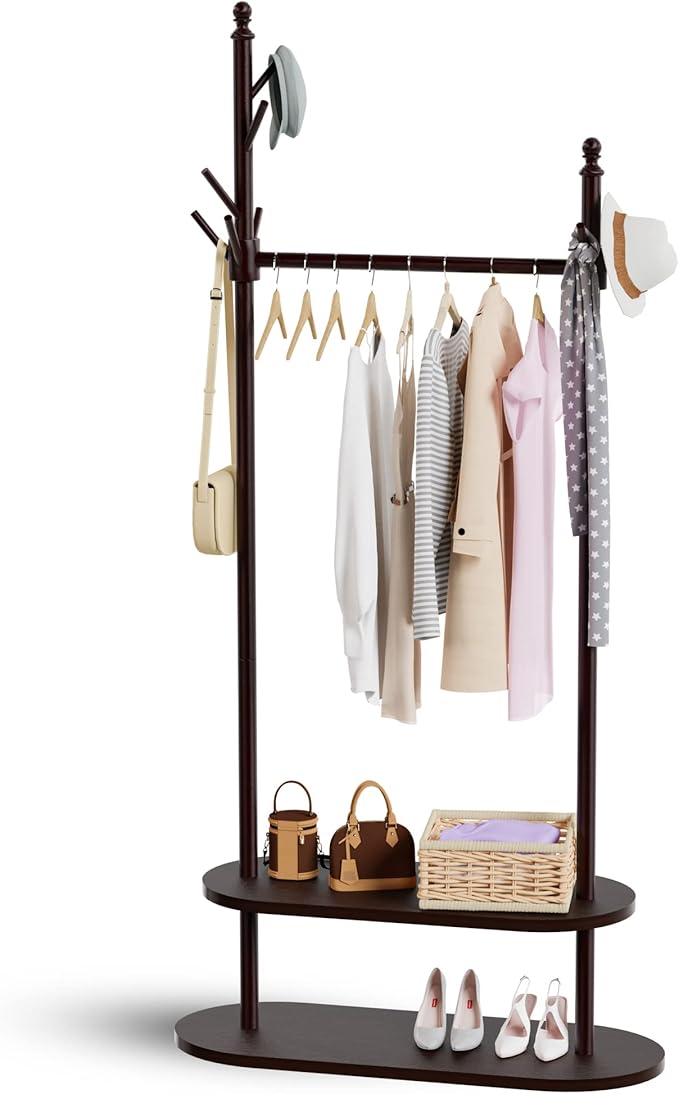 2-Tier Coat Rack Freestanding, Easy Assemble 8 Hooks Wooden Coat Rack with Shoe Storage Sturdy Coat Tree Save Space, Rustic Coat Stand for Entryway, Bedroom, Office (Dark Brown)