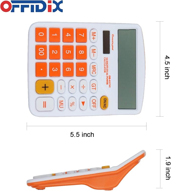 OFFIDIX Office Desktop Calculator, Solar and Battery Dual Power Electronic Calculator Portable 12 Digit Large LCD Display Calculator, Orange