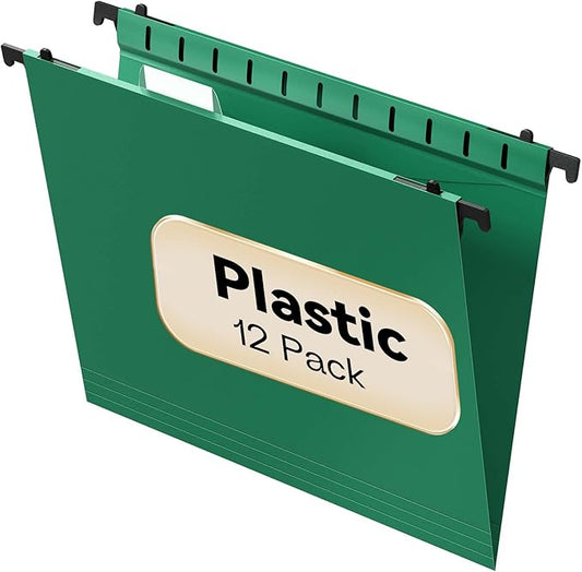 Plastic Hanging File Folder Letter Size,12 Pack Reinforced Heavy Duty Hanging Folders,Sturdy File Cabinet Folders,Green Hanging File Folders with Tabs,Hanging Folders for Filing Cabinet