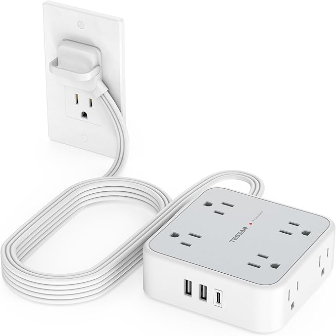 Surge Protector Power Strip Flat Plug, TESSAN Long Extension Cord 10 FT with 8 Outlets, 3 USB Ports(1 USB C), 3-Sided Outlet Extender, 900 Joules Protection, Desk Charging Station for Home, Office
