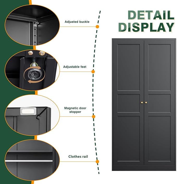 Letaya Wardrobe Armoire Closet,72" H Metal Storage Cabinet with Adjustable Shelves and Hanging Rod,Bedroom Armoire Cabinet Clothes Organizer (Black)