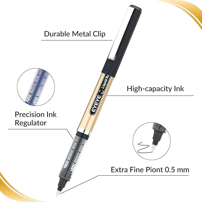 EYEYE 12 Pack 0.5mm Extra Fine Point Black Pens, Quick Dry Liquid Ink Rollerball Pens, Smooth Writing Fine Tip for Journaling, Note Taking, Office & School Supplies