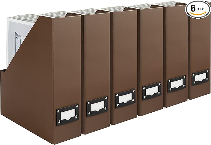 BLU MONACO Set of 6 Foldable Brown Magazine File Holders with Brown Leather Label Holders – Elegant Magazine Storage Containers & Desk Organizer for Office