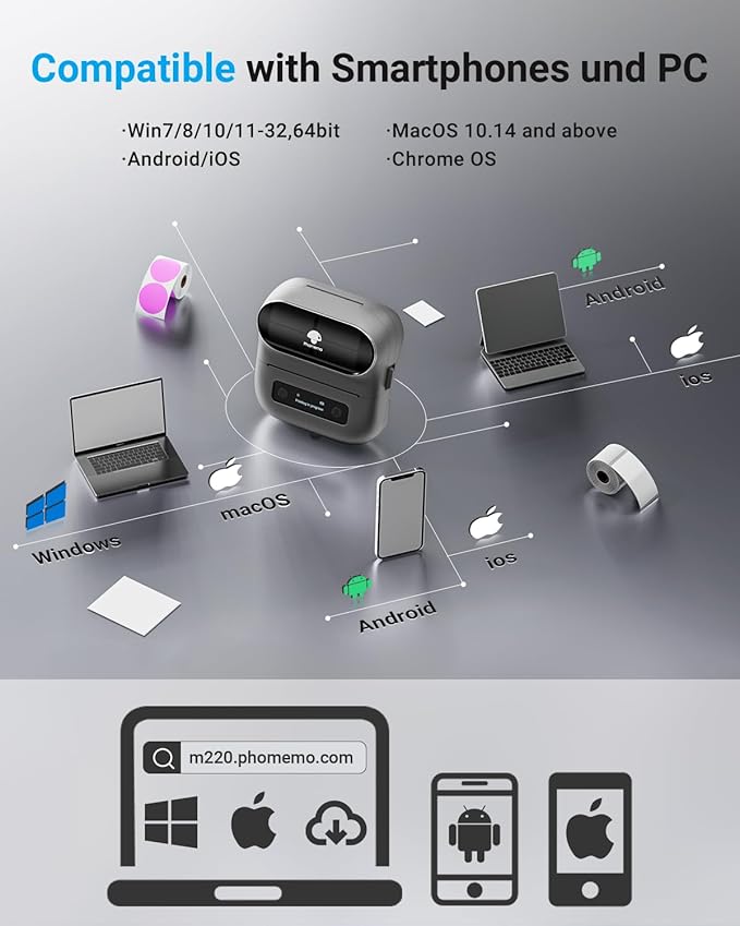 Phomemo M220 Label Maker, Bluetooth Barcode Label Printer, Thermal Sticker Maker Machine for Barcode, Address, Tag Labeling, Compatible with Phone & Laptop
