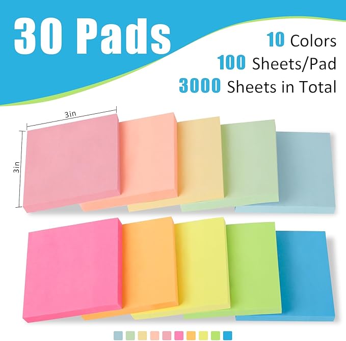 SACATR 30 Pads Sticky Notes, Sticky Note Pads 3x3 inches, 10 Bright Color Sticky Notes,Self-Stick Note Pads, Perfect for Office Home School(100 Sheet/Pad)