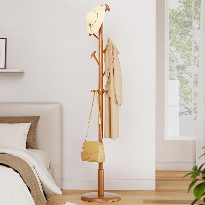 Solid Wood Coat Rack Freestanding Coat Tree with 10 Hooks for Bedroom, Livingroom, Entryway, Sturdy Coat Hanger Stand for Hats, Coats, Scarves, Handbags, Purses