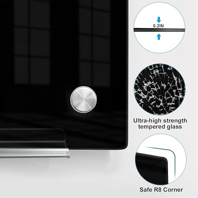 KIZZBY Magnetic Glass Dry Erase Board - Large Black Whiteboard for Wall 72"x48" Frameless Black Board for Office, Home & School