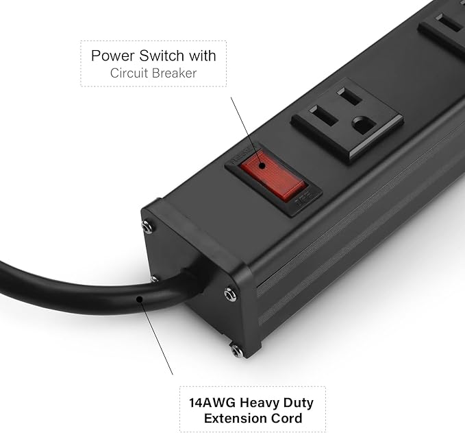 CCCEI Long Heavy Duty Power Strip, 16 Outlet Large Metal Power Strip, Garage Workshop Multi Wide Industrial Power Strip. 15 FT Cord 15A, 125V, 1875W, Black