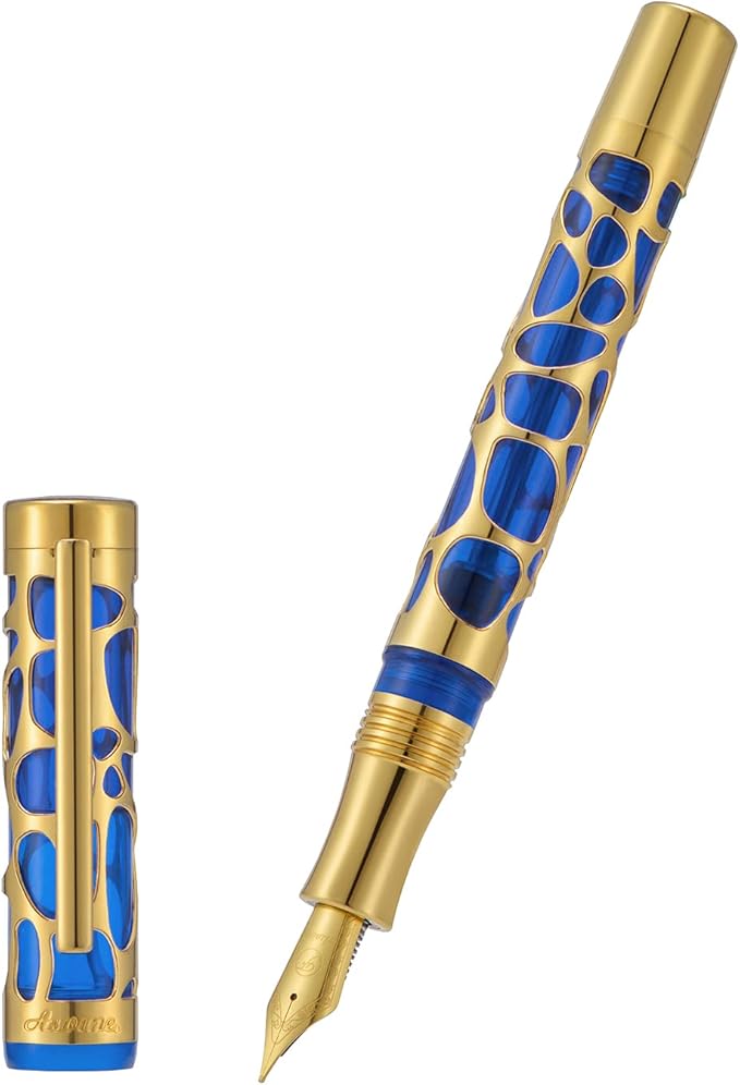Asvine V169 Vacuum Filling Fountain Pen Medium Nib, Water Drop Skeleton Gold Trim Transparent Blue Acrylic Pen Case Set