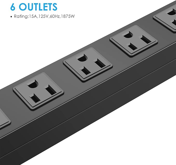 Metal Wall Mount Power Strip, Mountable Power Outlet with 6 AC Outlets, Aluminum Alloy Mount Power Socket with Switch, 10 FT SJT 3/C 14AWG Power Cord, 15A 125V 1875W (6AC) Black