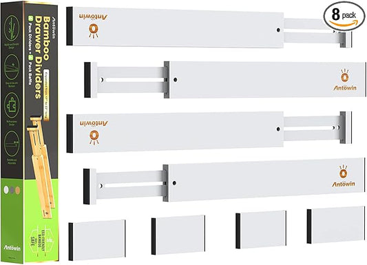 ANTOWIN Bamboo Drawer Dividers Organizers, Expandable Drawer Separators Splitter,17-22 inches Long Adjustable Spring-loaded Organizer for Large Utensil, Clothes, Tools Drawers (White)