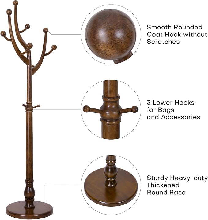 Coat Rack Freestanding Coat Tree with Sturdy Round Base, Unique Coat Hanger Stand, Heavy Duty Standing Coat Rack Clothes Stand for Winter Jacket, Hat, Entryway/Hallway/Bedroom, Walnut