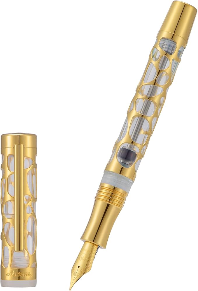Asvine V169 Vacuum Filling Fountain Pen Fine Nib, Water Drop Skeleton Gold Trim Transparent Clear Acrylic Pen Case Set