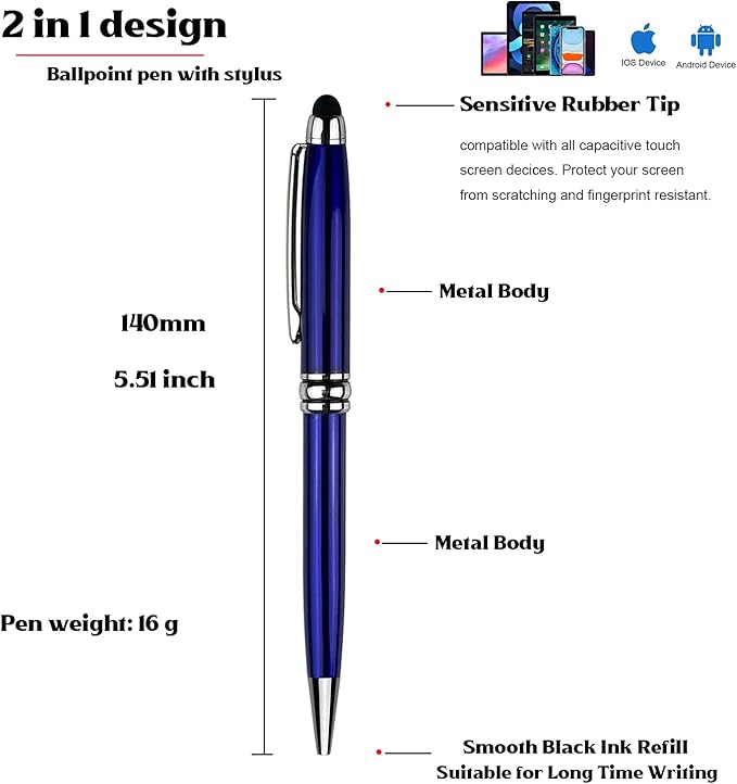 Ancolo Personalized retractable pens with Stylus tip stylish pens - Engraved with Your Name or Message, Phone Number Black ink Perfect for Bank, Office, Hotel Lobbies 10 Pens/Box