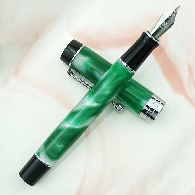 Jinhao 100 Fountain Pen Celluloid Classic Style, #6 Nib Smooth Writing Instrument with Refillable Converter and Pen Case Set