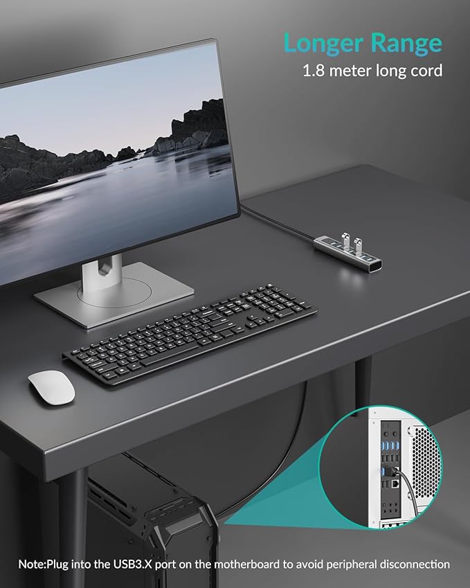 GM7U 7-Port USB 3.0 Hub, 6FT Long Cable, Aluminum, High-Speed, Multi Port Extender Hub, External Expansion Data Hub for PC Laptop, Desktop Computer, Older Mac, Black Grey