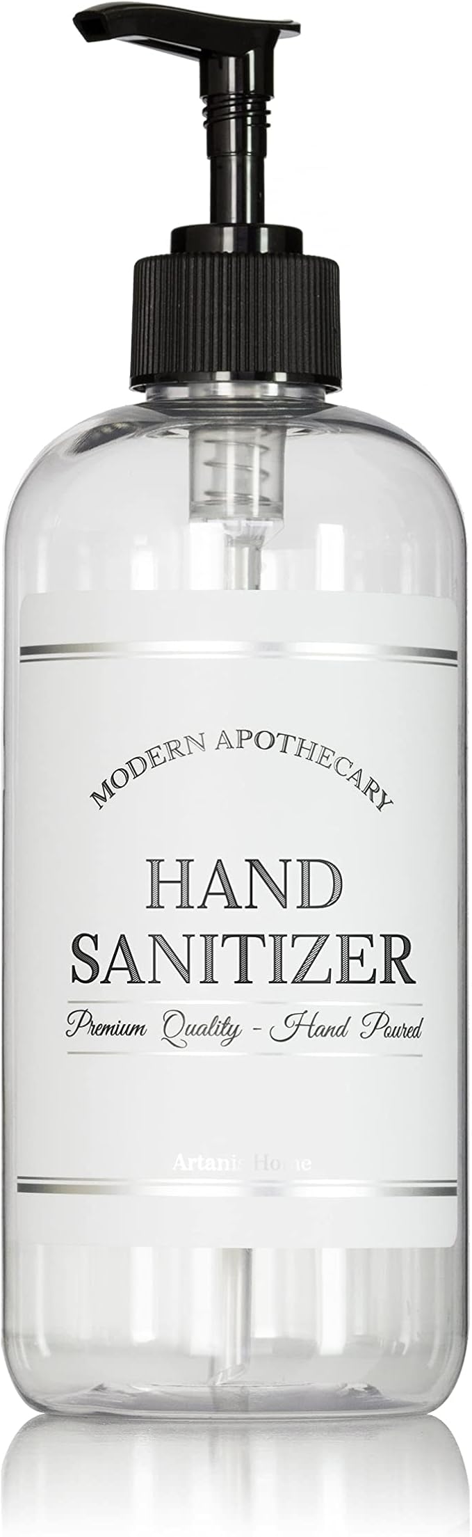 Refillable Clear PET Plastic 16 oz Hand Sanitizer Bottle with Black Plastic Pump Dispenser - Chrome Accent Waterproof Labeled Bottle