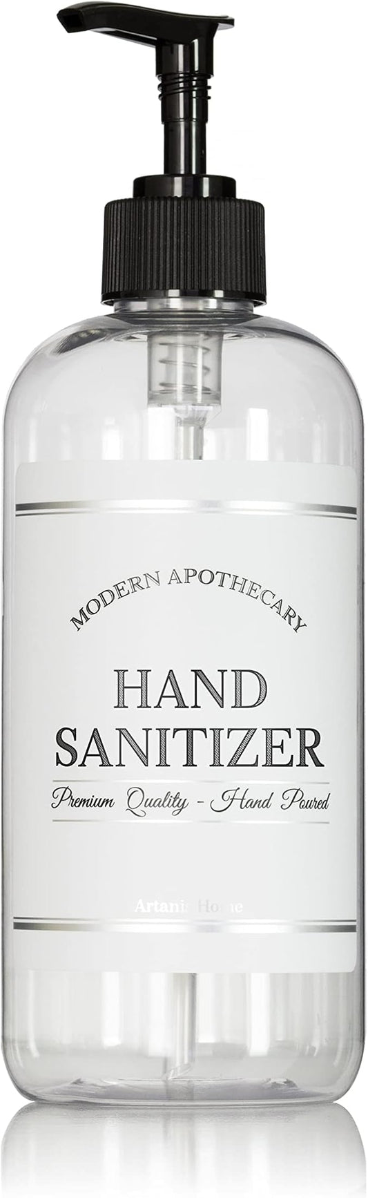 Refillable Clear PET Plastic 16 oz Hand Sanitizer Bottle with Black Plastic Pump Dispenser - Chrome Accent Waterproof Labeled Bottle