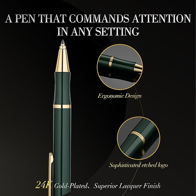 Green lacquer Gel Pen With 24K Gold Finish, Retractable, Gift Pen Set, Black Ink Refill, Professional, Elegant, Writing, Executive, Nice Fancy Designer Pens, Perfect for Men and Women
