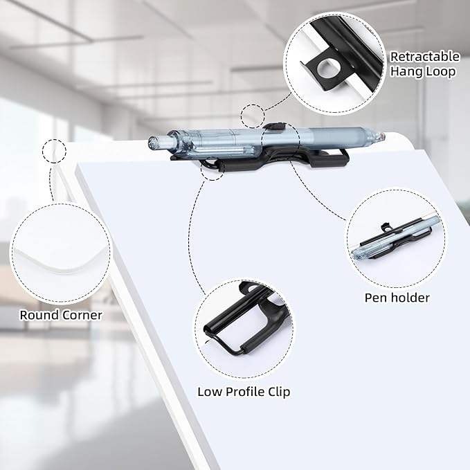 White Clipboard with Pen Holder, 2 Pack Plastic Clipboard with Low Profile Metal Clip, Hanging Clipboards Holds 8.5x11 Inch Papers, Standard A4 Letter Size Clip Board for Office & School