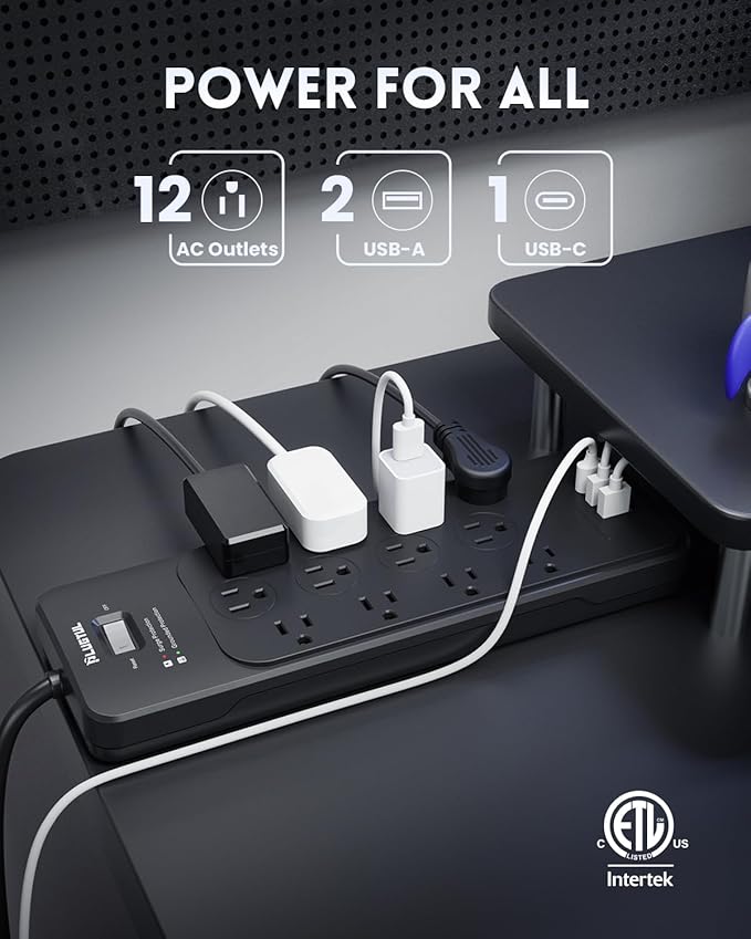 Surge Protector Power Strip 5FT(4080J), Black Surge Protector with 12 Outlets - Spacious Design for Large Plugs, Flat Plug, 20W USB C Charging for Home, Office, ETL Listed