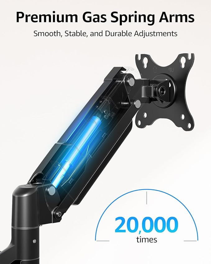 MOUNTUP Dual Monitor Stand for Desk, Pneumatic Monitor Arms for 2 Monitors Max 32 Inches, Height Adjustable Double Monitor Mount, VESA Mounts with C-Clamp & Grommet Base, Holds 4.4-17.6lbs, Black