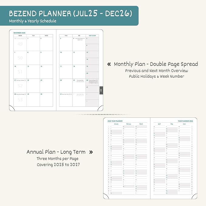 BEZEND Pocket Planner 2025-2026 Weekly and Monthly, 3.5" x 6" Academic Planner (Jul 25-Dec 26) 18-Month Mid-Year Calendar Book, Storage Pocket, Pen Holder, PU Leather Hardcover - Turquoise