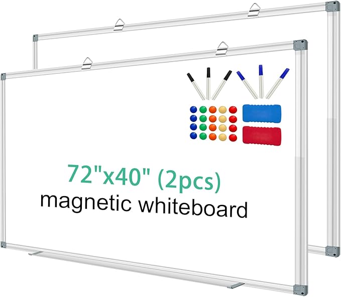 H-Qprobd Whiteboard Dry Erase White Board for Wall 72x40 (2pcs) Magnetic Boards for Office Classroom & Home, Large Wall Whiteboard Including 6 Markers, 20 Magnets, 2 Erasers