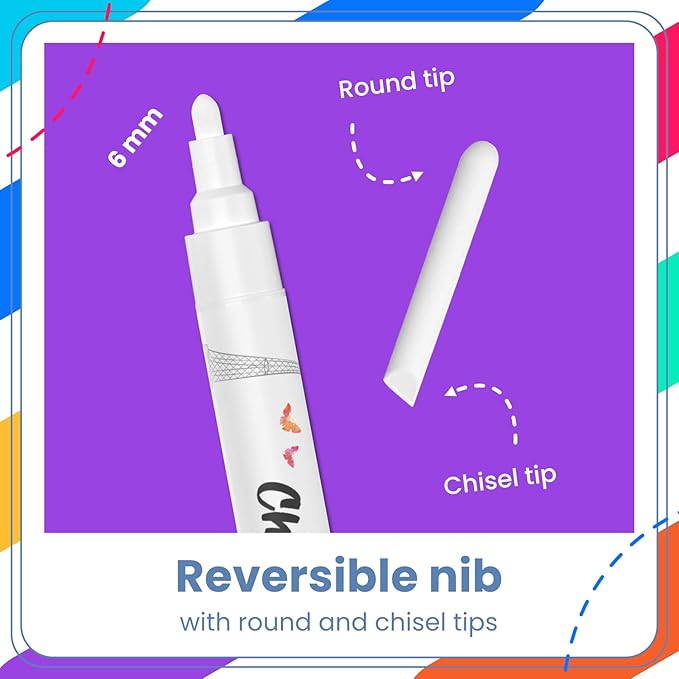 Chalkola White Chalk Markers for Blackboard, Chalkboard Sign, Window, Bistro, Car, Glass (5 Pack 6mm) - Liquid Chalkboard Markers Erasable - Paint Chalk Pens Washable Ink Reversible Tip