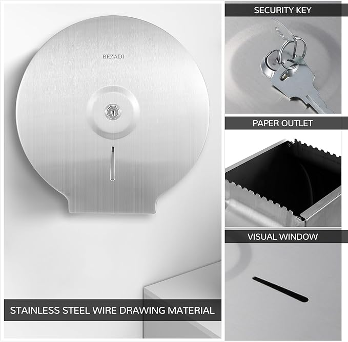 Toilet Paper Towel Dispenser Wall Mount, Jumbo Roll Toilet Tissue Dispenser, 9 Inch Paper Key Lock Stainless Steel Dispenser