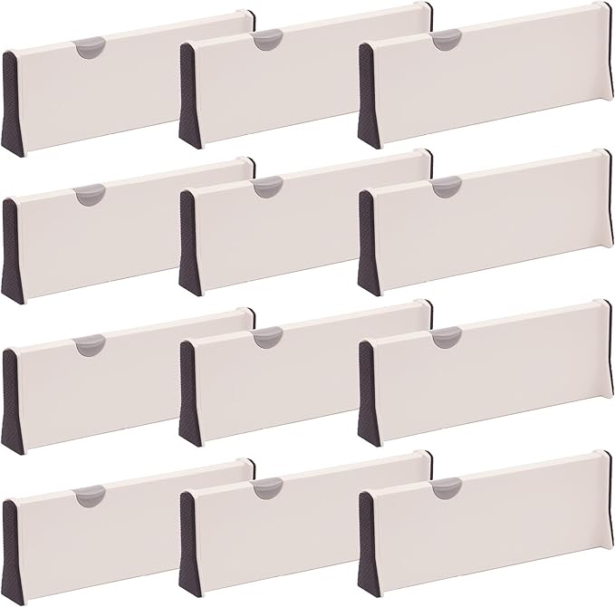 DIOMMELL 12 Pack Adjustable Plastic Drawer Dividers, White, 4"H x 11"-17"L, Expandable Organizers for Kitchen, Bedroom, Closet, Bathroom & Office Drawers