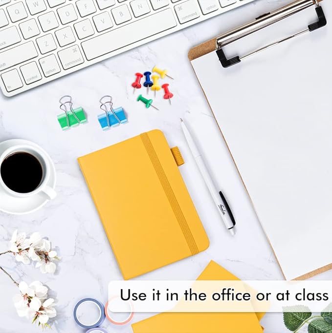 feela 6 Pack Pocket Mini Notebooks Bulk, Small Cute Memo Notepads Hardcover College Ruled Lined Journals with Pen Holder for School Business Work, with 6 Black Pens, 3.5”x 5.5”, A6, Yellow