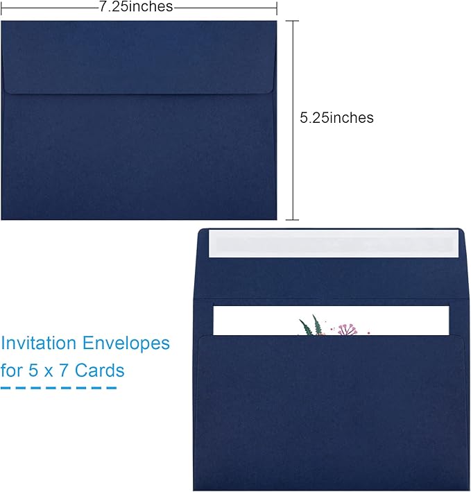 50 Pack 5x7 Envelopes - Self Seal for Invitations, Weddings, Photos & Greeting Cards (Navy Blue)