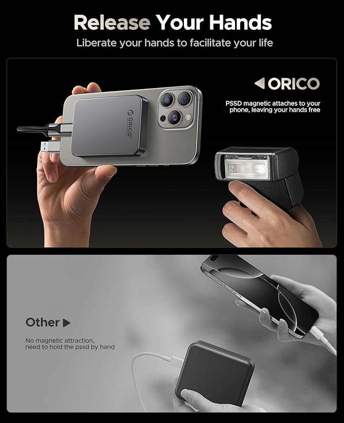 ORICO 1TB Magnetic Portable SSD, Metal Body, 4K 120 fps ProRes HDR Record and Store, Up to 460MB/s, USB C&A 2 in 1 Cable, External SSD Compatible with iPhone 16 Pro Max, Tablet, Computer - K5PLUS