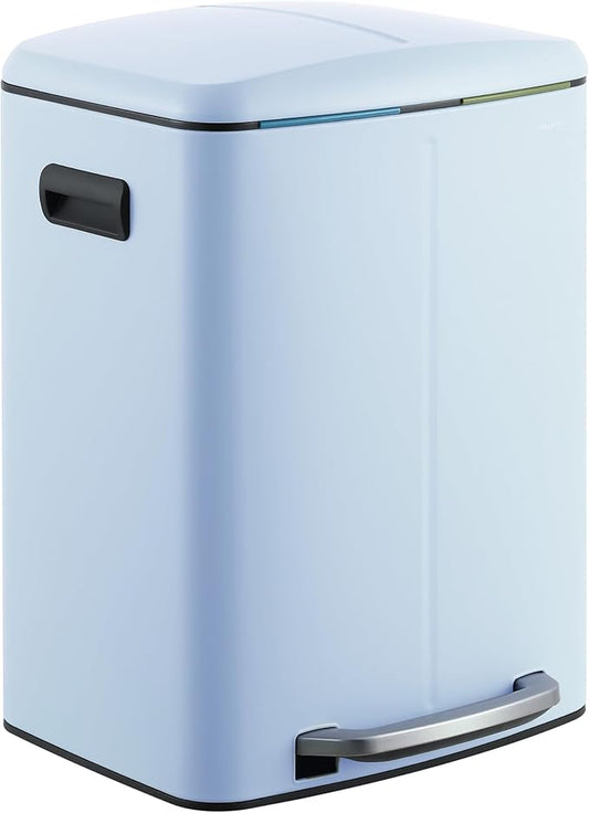 happimess HPM1005H Marco Rectangular 10.6-Gallon Double Bucket Trash Can with Soft-Close Lid, Tide Pool Blue, Fingerprint Resistant, Modern, Minimalistic for Home, Kitchen, Office, Bedroom, Bathroom