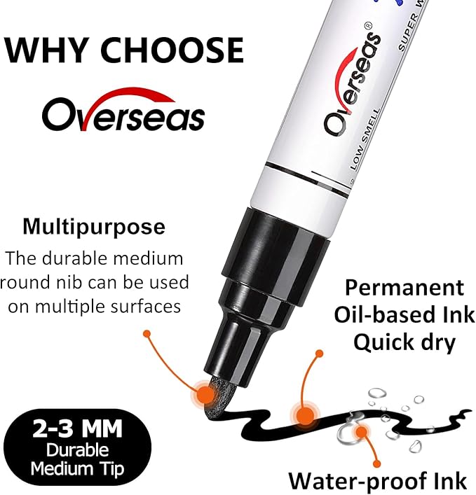 Overseas 48 Black Paint Pens, Oil Based Permanent Markers Set - Quick Drying, Waterproof, Fade-Resistant, Medium Tip Paint Markers Bulk for Wood, Metal, Rock, Ceramic, Plastic, Canvas, Glass, Rubber