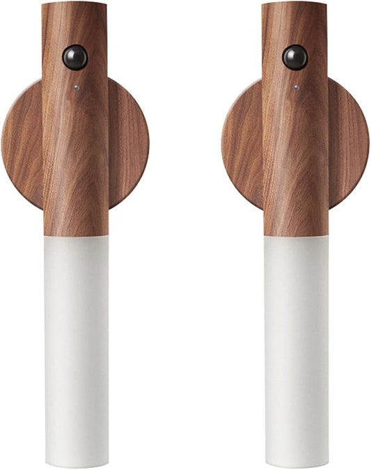LANDGOO Wooden Motion Sensor Lights Indoor, Magnet Body Hallway Rechargeable LED Wireless Battery Operated Wall Sconce, Portable Decor Torch Night Lighting for Bedroom (Walnut Wood 2PCS)