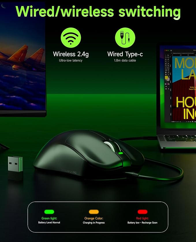 VGN F1 PRO Wireless Gaming Mouse - Ultralight 49g - Wireless & Wired Mode - 26000 Adjustable DPI - 1000Hz Polling Rate - 65 Hours Battery - Programmable Buttons - Esports Professional Grade - USB-C