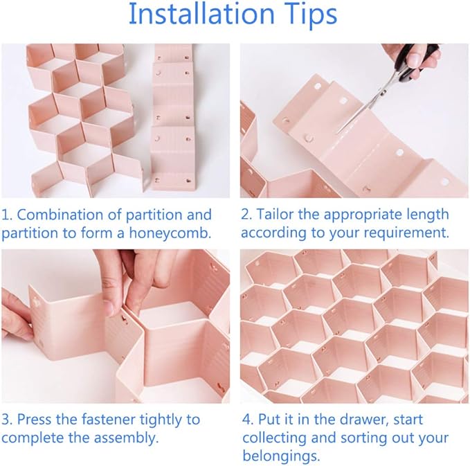 Poeland Drawer Divider Organizer Adjustable DIY Grid Honeycomb Drawer Divider for Underwear Belt Scarf Socks Pink 2 Pack