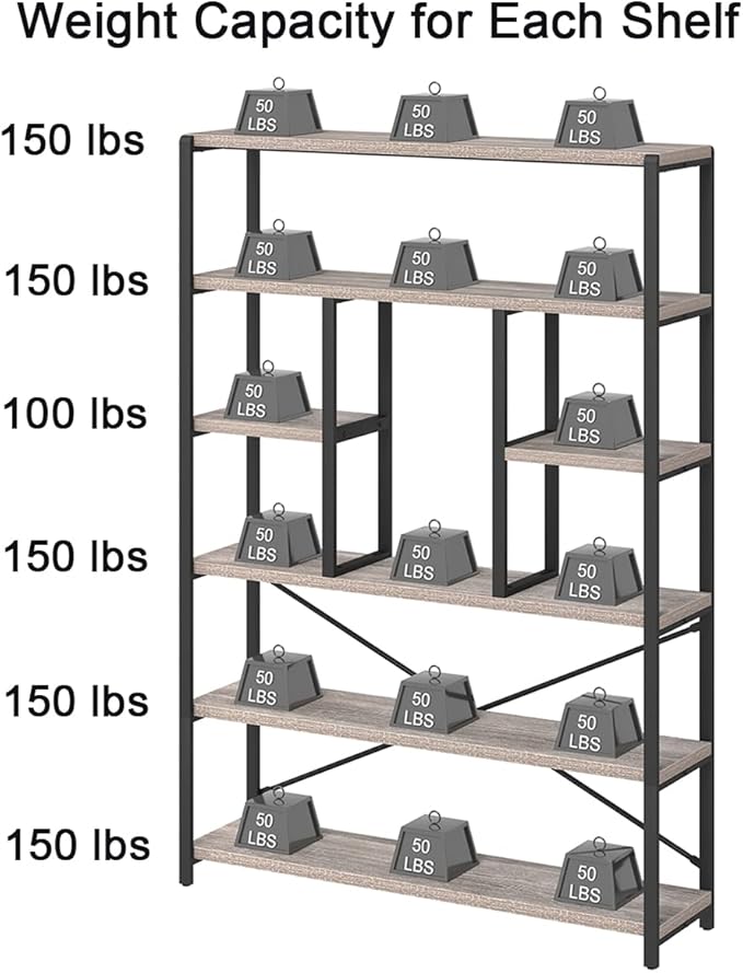 LVB Industrial 6 Tier Bookshelf, Large Tall Open Rustic Vintage Etagere Bookcase, Gray Big Wide Modern Farmhouse Wood and Metal Book Shelf for Home Bedroom Living Room Office Storage, Light Grey Oak