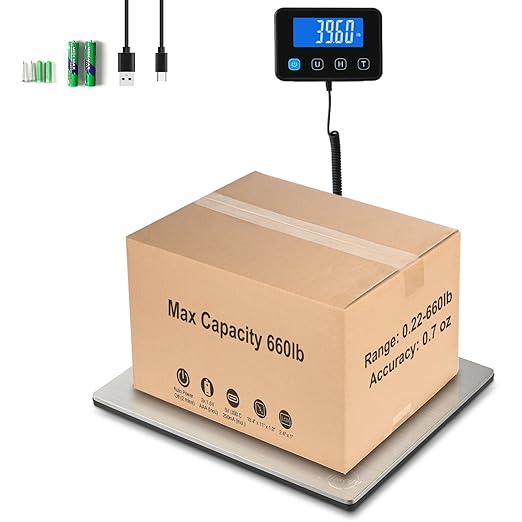 Miseyo 660lbs Heavy Duty Digital Shipping Scale - 0.7oz High Accurate Stainless Steel Postal Scale for Packages, Luggage, Small Business, Warehouse, Battery & Charging Cable Included