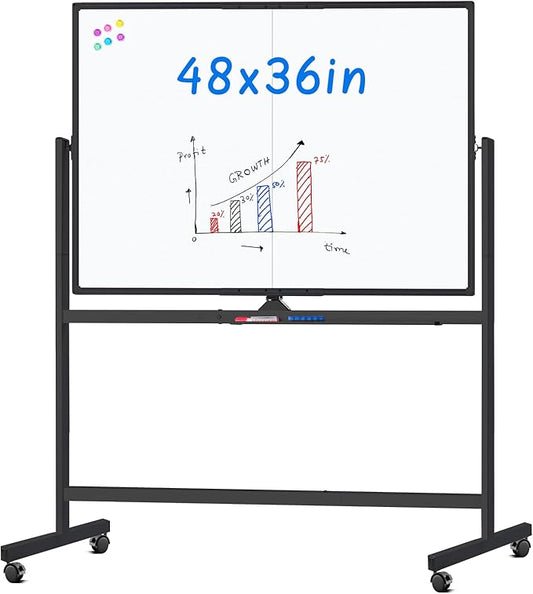 maxtek Rolling Whiteboard, 48x36 Large Magnetic White Board with Stands, Big Double-Sided White Board Dry Erase on Wheels for Homeschool, Home Office, Office, School (Black, 48 x 36)