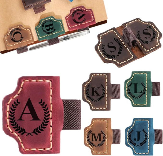 Custom Bookmark with Pen Holder with 26 Letters Personalized Magnetic Leather Book Mark, Customized Name Book Marker Clip with Initial for Men Women, Gifts for Book Lovers, Readers, (Red, A)